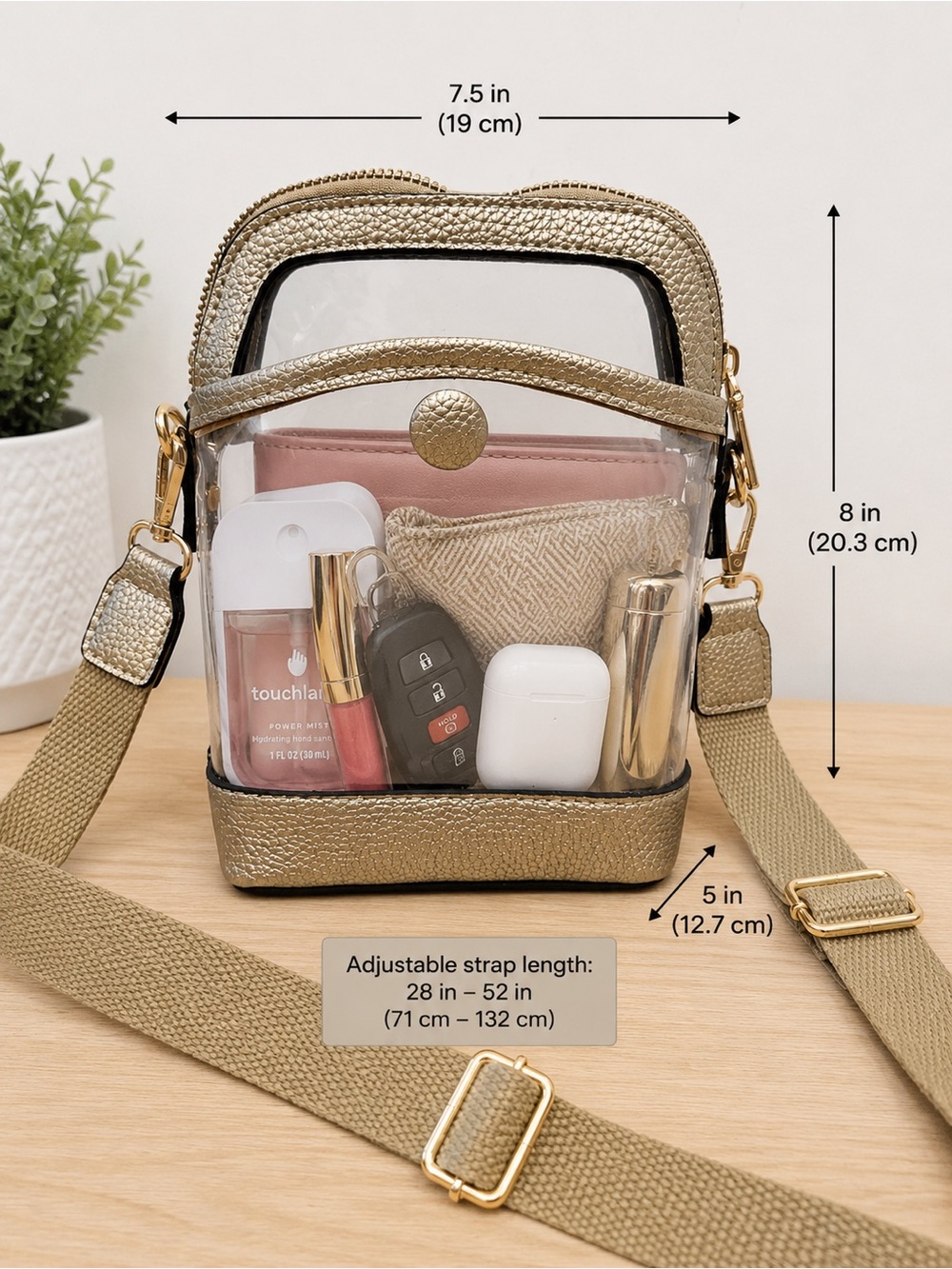 Clear Crossbody Bag with Gold Trim - Women's Shoulder Purse
